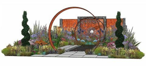 grădina sunburst, grădina spectacol, proiectată de charlie bloom și simon webster, festivalul grădinii palatului rhs hampton court 2022