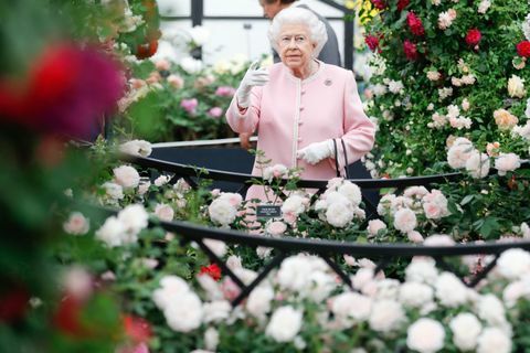 Regina britanică Elisabeta vizionează expoziția Peter Beales Roses la RHS Chelsea Flower Show 2018 la Londra Luni, 21 mai 2018..RHS / Luke MacGregor