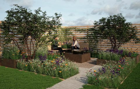 grădina pentru pauză de prânz a wfh, grădina pentru început, proiectată de jude yeo, imogen perreau callf și emily grayshaw, festivalul grădinii palatului rhs hampton court 2022