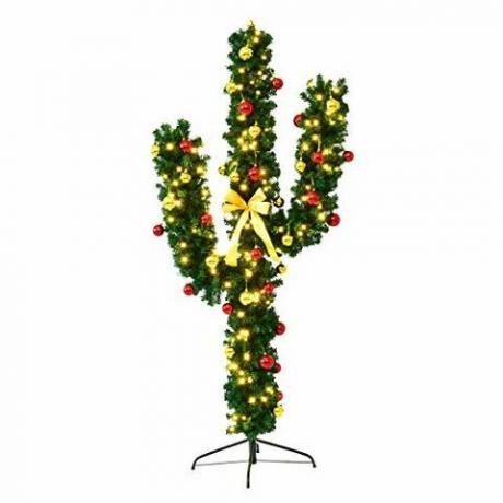 Copacul de Crăciun artificial Cactus Pre-Lit Goplus cu lumină LED și ornamente cu bile